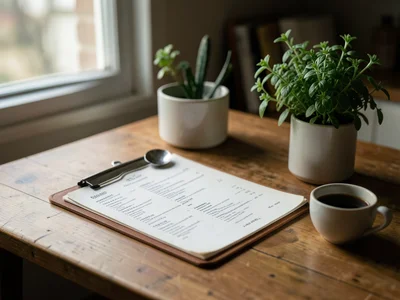 A chef's desk: a clipboard with a menu draft, a tasting spoon, a small plant of 