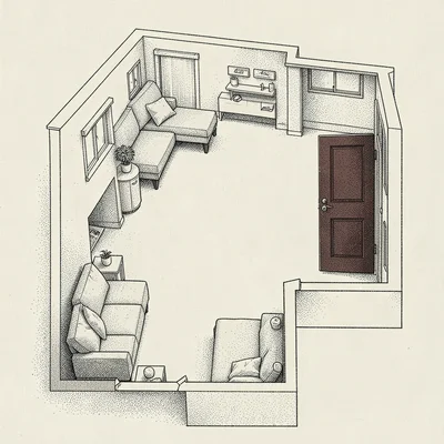 Floorplan of a small apartment lays out stippled furniture and one oxblood front