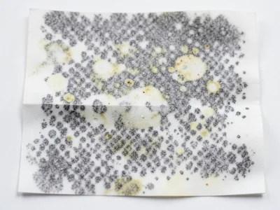 Wet thermal paper, water spots creating white bleached zones in darkened aged re