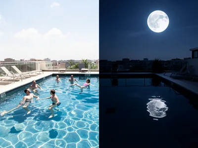 Rooftop pool, left half sunny swimmers, right half empty moonlit reflections