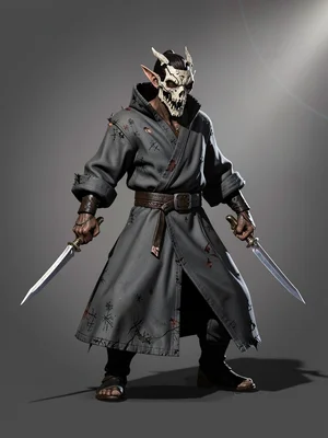 Ash-marked shadow-elf assassin in charcoal cloak and bone-mask, twin daggers rev