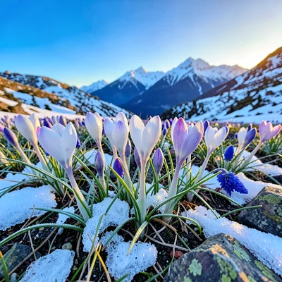 Crocus field at alpine dawn