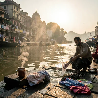 Sacred smoke catching golden Ganges light in Varanasi, Laundry being beaten on s