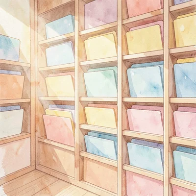 Flat-vector archive vault scene with neat rows of pastel folders sliding into a