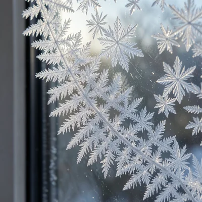 Feathery fern frost growing in curved fronds from the window edge, each frond br