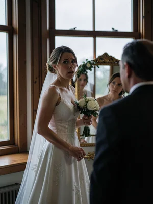 Bride looking in mirror before ceremony, overcast window light revealing nervous