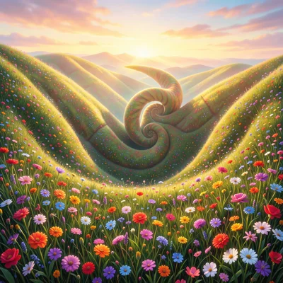 Rolling hills that spiral into a nautilus shell shape, viewed from above, spring