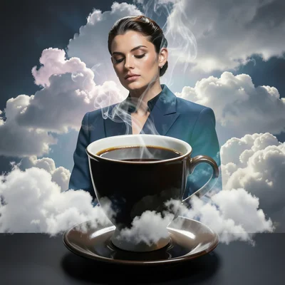 Coffee cup steam merged with dreamy cloudscape, double exposure