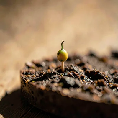Macro 2:3 of a tiny pin emerging from substrate, first fruiting