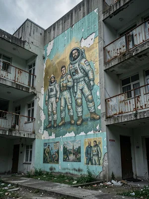 Fading Socialist Realist Mural of Cosmonauts in Lobby