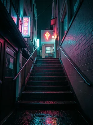 A narrow stairway leading up to a second-floor bar, neon arrow pointing up, wet 