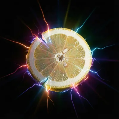 A cut lemon half, plasma discharge tracing the segment boundaries and rind edge
