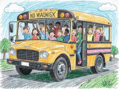 School bus with waving children