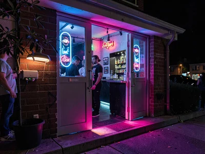 Club entrance with neon spill