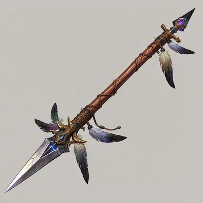 Fantasy weapon illustration, an ancient spear with obsidian tip, tribal wrapping