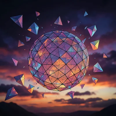 Geodesic sphere dissolving, triangular panels floating away, sunset sky behind
