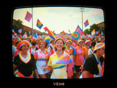 VHS recording of pride parade, tracking distortion adding rainbow artifacts