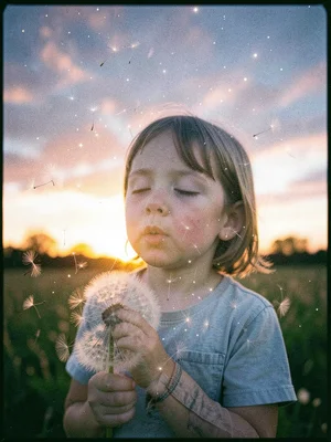 A child blowing dandelion seeds, double-exposed with a sunset sky, the seeds bec