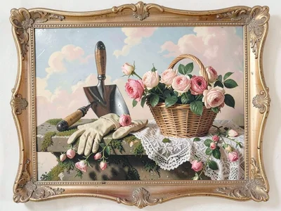 Garden gloves, a trowel, and a basket of just-cut roses arranged on a mossy ston