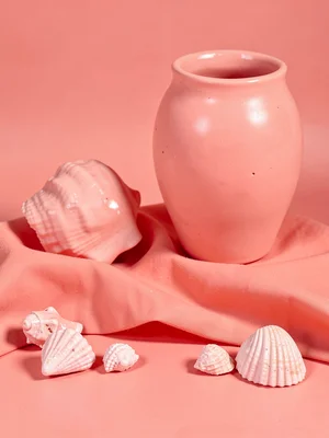 Coral pink composition, shells, fabric, ceramic, warm pink tonal control