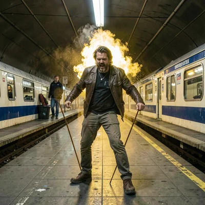 Street performer mid-bow on empty subway platform, haloed in chemical accident g