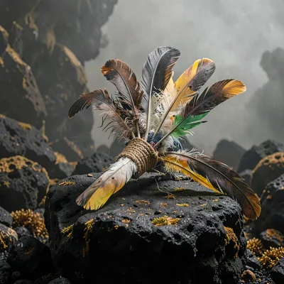 Dense atmospheric mist, rich earthy textures, Feathers arranged in a bundle, cas