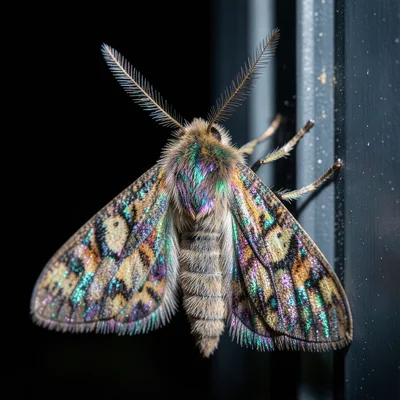 A moth resting on a window at night, its furry antennae fanned out like tiny fer