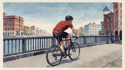 Gouache illustration, cyclist on city bridge , opaque matte pigment, flat color 