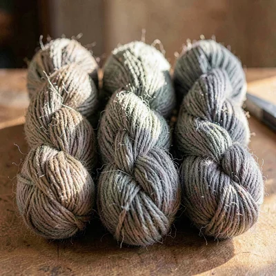 Three handspun hanks in graduated greys, side-lit fuzz on every fiber
