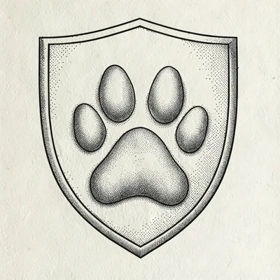 Pen-and-ink illustration of a paw-print shield motif, fine cross-hatching, ivory