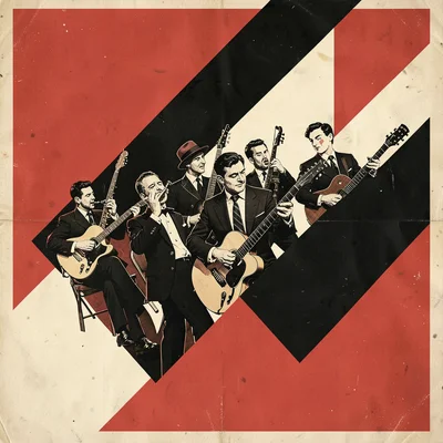 Soviet constructivist poster illustration, musicians with instruments in band fo
