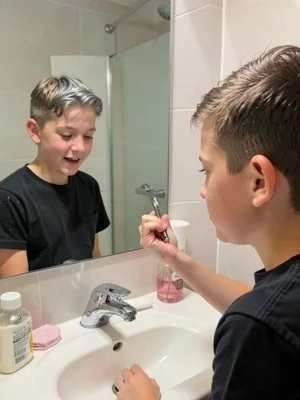 Teenager discovering a grey hair for the first time, bathroom mirror, the exact 