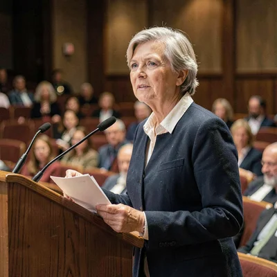 Visiting writer portrait at a podium with notes in hand, soft auditorium lightin