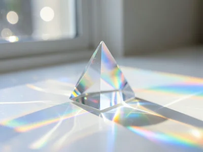 Prism on windowsill casting rainbow across room, clean white interior