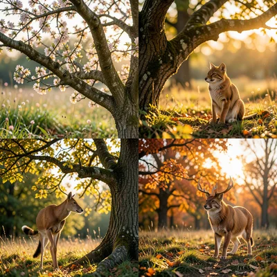 Single tree with all four seasons visible in quadrants, spring-summer-autumn-win