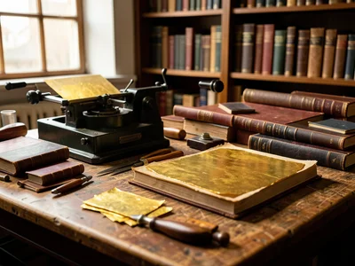 A bookbinder's workshop: a press, gold leaf sheets, leather pieces, hand tools, 