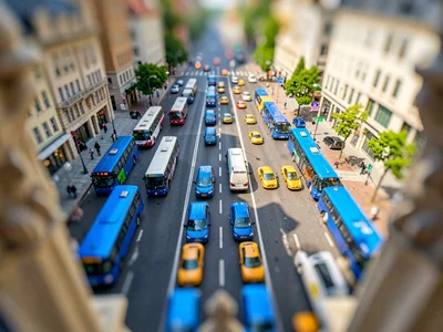 Looking down tilt-shift photograph from a cathedral spire over a city interchang