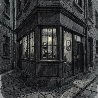 Charcoal-mood storefront of a tiny vintage camera shop on a narrow alley at dusk