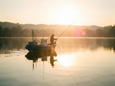 Fishing boat on a calm lake at golden hour, perfect reflection, person casting a