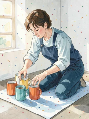 The crouched figure of a stylist arranging a row of mismatched mugs on a tableto