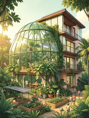 Greenhouse dome integrated into a mid-rise residential building — jungle interio