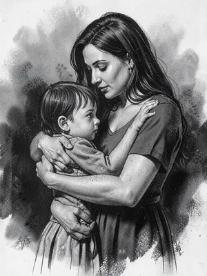 Mother protectively embracing child