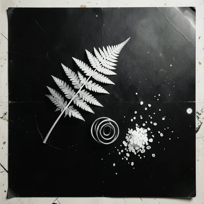 A photogram: a fern frond, coiled spring, and scattered salt crystals as white s