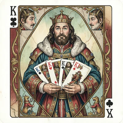 Playing card face illustration, Medieval noble with deck of cards fanned , court