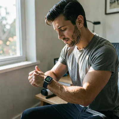 Documentary photography, unposed moment, Person checking health metrics on smart