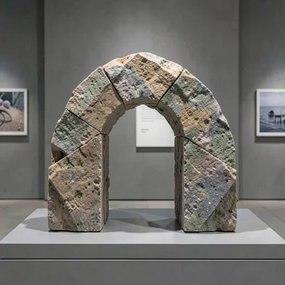 Geometric mineral arch carved from a single piece of stone, mineral palette, sub