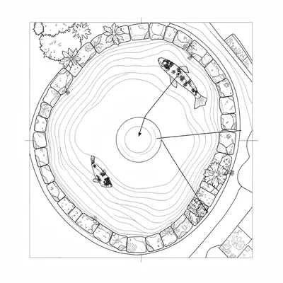 Top-down garden plan blueprint of a koi pond with depth contours, stone edge, an