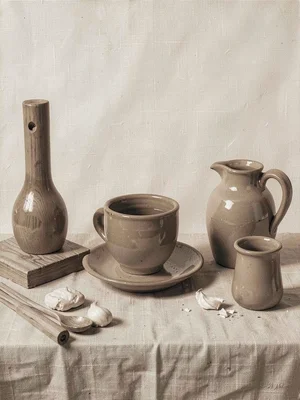 Oatmeal study, natural linen, wooden objects, ceramic, neutral warm coordinated