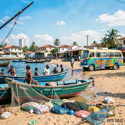 Resilient color in Port-au-Prince, Haiti, Fishermen at Cite Soleil shore, painte