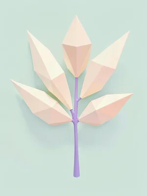 Frondy peach lowpoly fern with triangulated cream pinnae and a lavender stem, on